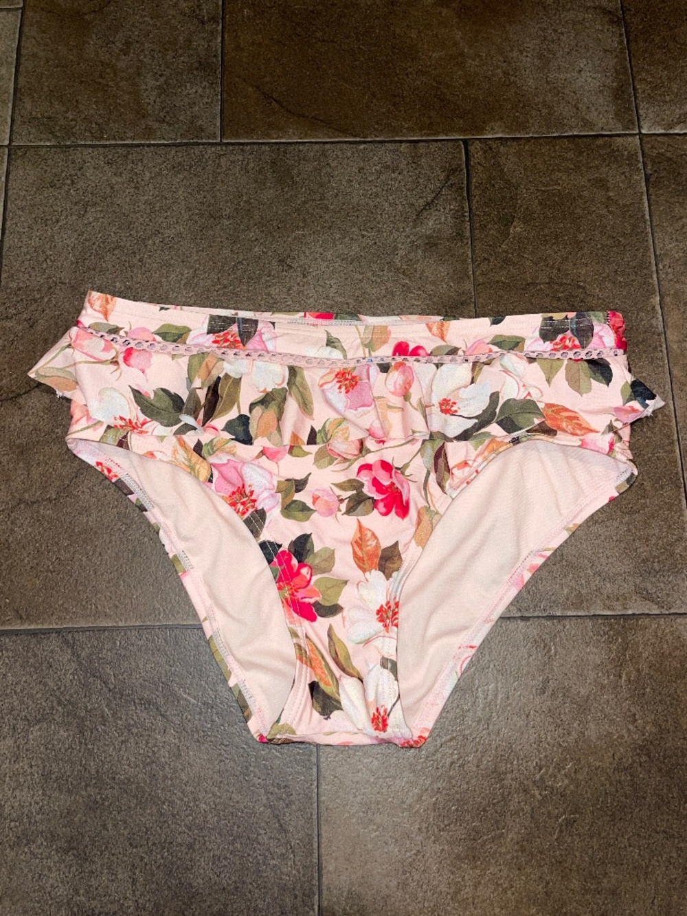 Antonio Melani Mid Rise Pink Floral Ruffle Trim Bikini Bottoms Size Medium